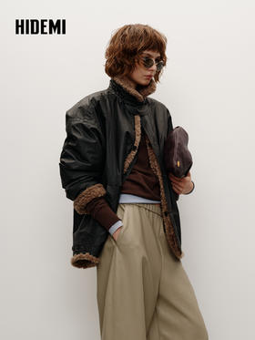 HIDEMI 双面两穿立领圈圈绒拼接复古做旧感加厚毛毛大衣外套 炭灰咖色