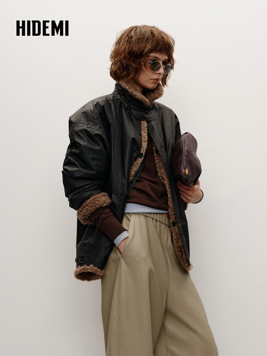 HIDEMI 双面两穿立领圈圈绒拼接复古做旧感加厚毛毛大衣外套 炭灰咖色 商品图0