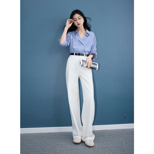 三彩2025秋季新款白色牛仔裤收腰简约直筒裤长裤休闲S 商品图2