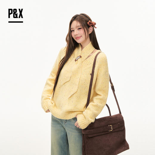 P&X设计师女装2025冬季宽松围脖套头V领短款毛衣825418183 黄色 商品图3