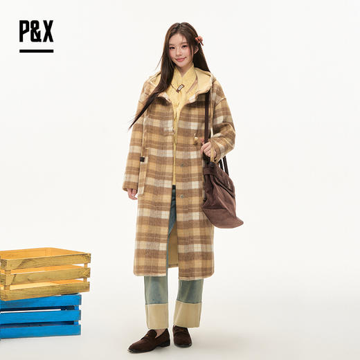 P&X设计师女装2025冬季时尚格子长款毛呢外套格纹 825413238 黄格 商品图2