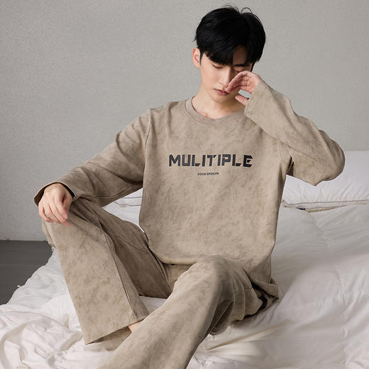 自然醒简叙男士家居服牛奶丝长袖长裤套头睡衣QH 商品图3