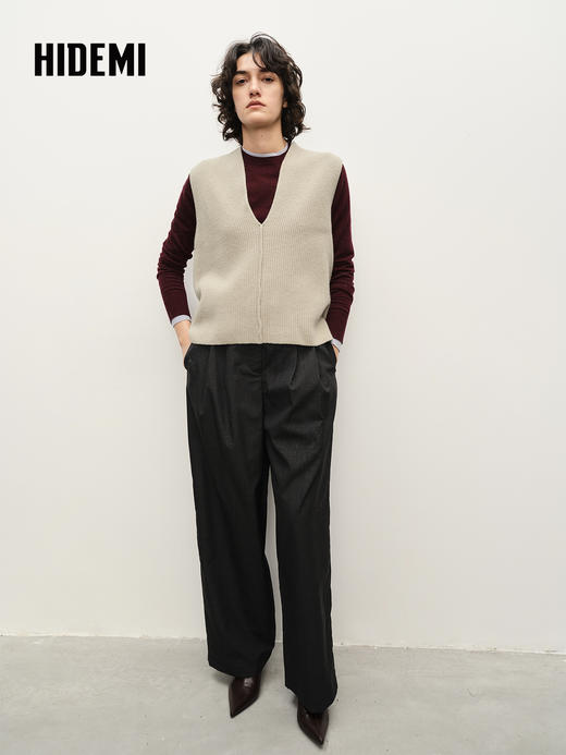 HIDEMI 精纺羊毛阔腿压褶西裤 黑色/乌木棕/深灰色 商品图4