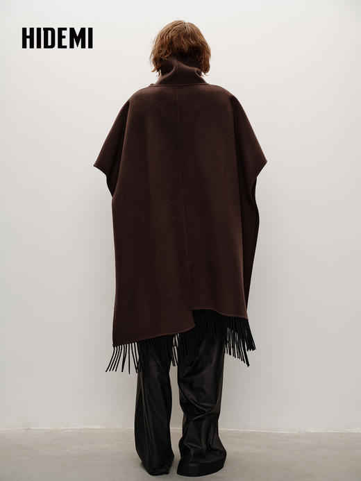 HIDEMI 大秀款进口山羊绒立领麂皮拼接流苏廓形斗篷无袖大衣外套 灰黑色 商品图5
