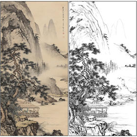 陈少梅山水人物工笔画白描底稿《松溪闲眺》四尺竖幅临摹勾线高清打印稿SM48