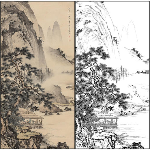 陈少梅山水人物工笔画白描底稿《松溪闲眺》四尺竖幅临摹勾线高清打印稿SM48 商品图0