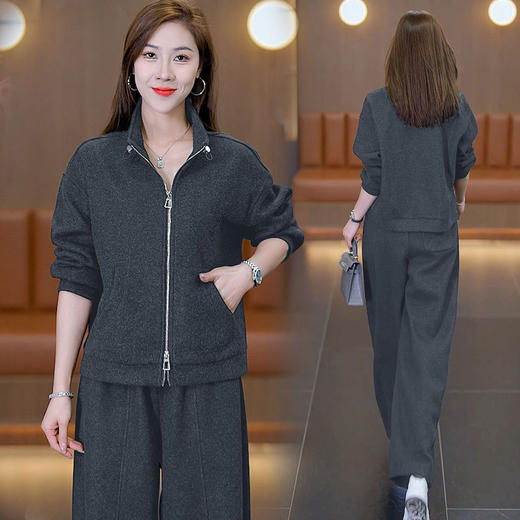 YM 8555-108时尚洋气立领开衫上衣阔腿裤两件套气质减龄套装 商品图2