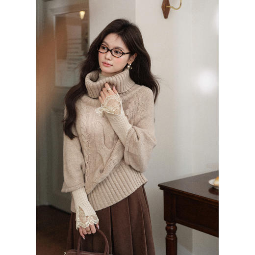 鹿向南「格调暗涌」卡其色针织衫秋季新款拼接蕾丝上衣女款打底衫L58812 商品图4