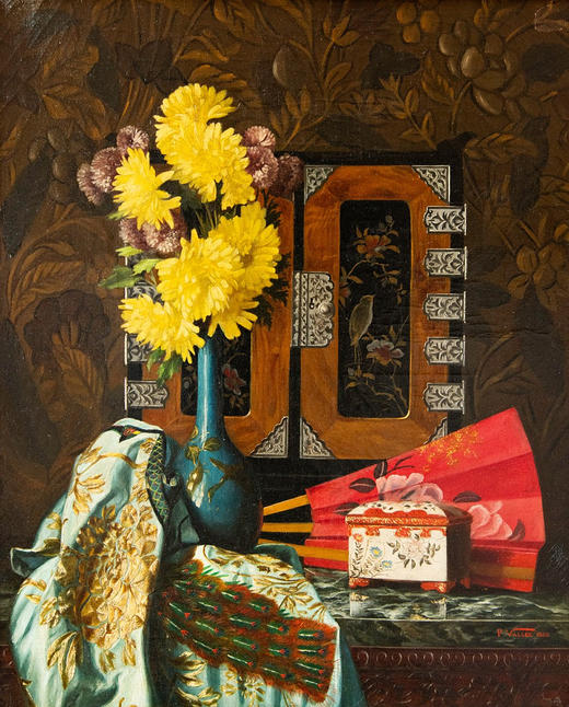 独角鹿西洋古董1888年法国画家Pauline Vallée签名创作东方主义风格静物油画作品《中国风与日本主义的构图》 商品图1