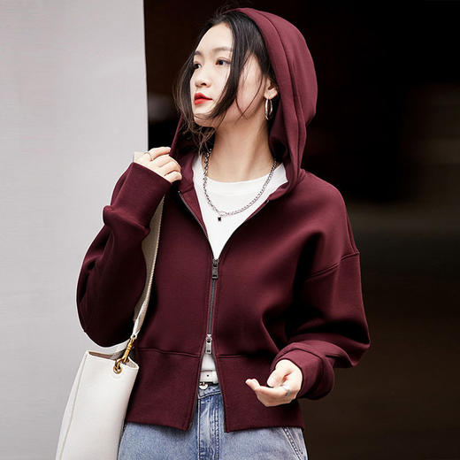 下单3-7天发货！ORIGINAL&CO车厘子红立体阔形空气感拉链连帽开衫/卫衣  哑光质感 白显瘦显气质 商品图1