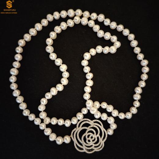 【双12抢先购 限时特惠】黄金钻石首饰 近圆天然深水珍珠豪镶满钻白玫瑰毛衣链 商品图1