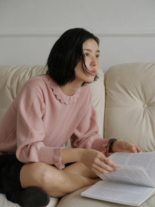 [特价] 玫瑰可露丽 英式小浪漫100%羊毛套头衫 花瓣领花瓣袖套头针织衫 商品图0