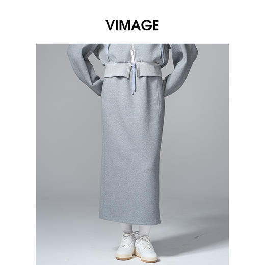 VIMAGE纬漫纪时尚简约松紧腰撞色系带设计秋冬新款半裙V2406115 商品图0