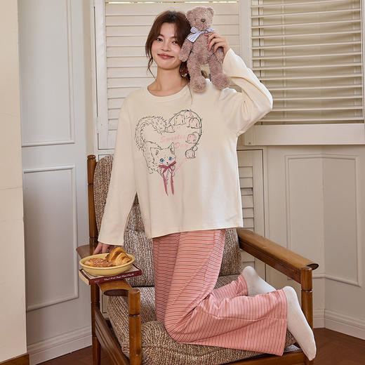 自然醒清甜牛奶丝家居服女款套头（带胸垫）睡衣春秋季长袖长裤卡通可爱宽松套装新款女士冬天家居服QH 商品图9