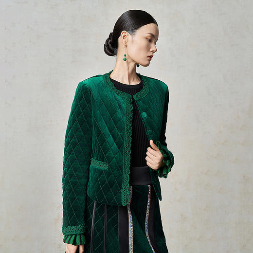 【林栖设计小店】丝绒棉衣手钩花边钉珠2025秋冬新款外套上衣1954045 商品图1