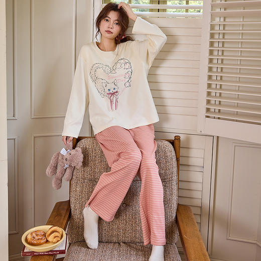 自然醒清甜牛奶丝家居服女款套头（带胸垫）睡衣春秋季长袖长裤卡通可爱宽松套装新款女士冬天家居服QH 商品图8