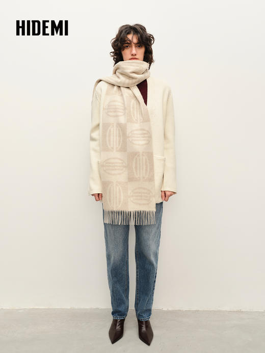 HIDEMI 进口新西兰羊驼毛logo系列原色色纺流苏双面双色围巾 豆乳色 商品图0