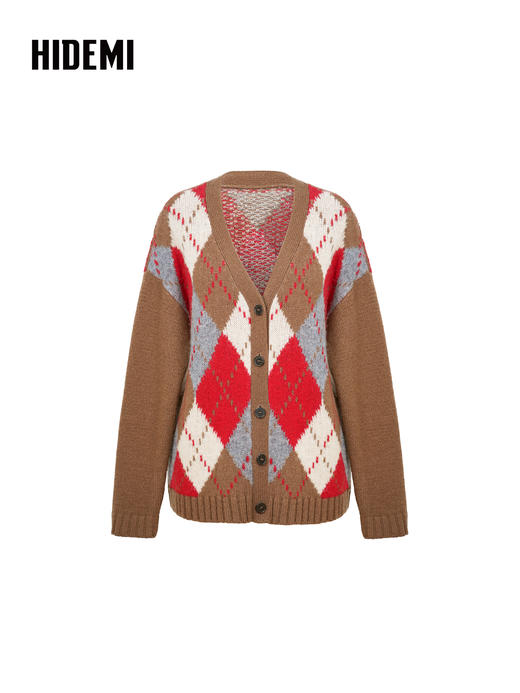 HIDEMI 进口澳洲美利奴羊毛复古菱形撞色粗针加厚开衫毛衣 棕红拼色 商品图6