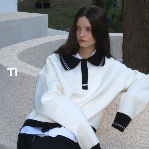 启世录TIWILLTANG“洄漩墟榆”翻领画板撞色笔迹知性光谱撞色毛衫 商品图4