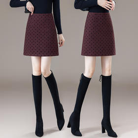 YM 8567-48气质简约波点毛呢半身裙时髦洋气a字短裙