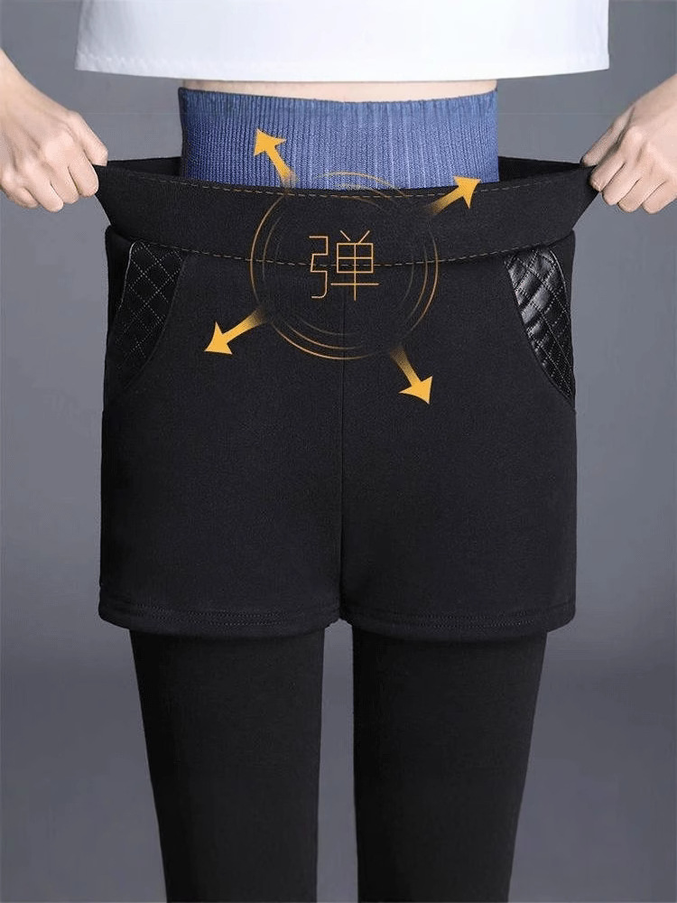 【冬季女士爆款】加绒加厚假两件打底裤外穿高腰弹力修身保暖裤短裤小脚裤女新款