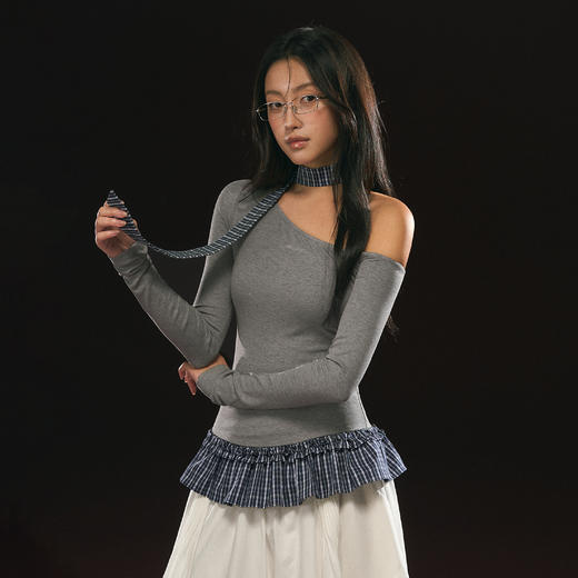 Ariseism 美式复古斜肩长袖T恤女秋季新款修身上衣 商品图3