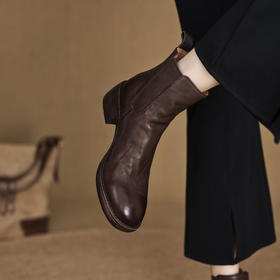 复古头层牛皮！圆头粗跟拼接切尔西靴！2025秋冬舒适韩版套筒马丁靴短靴！