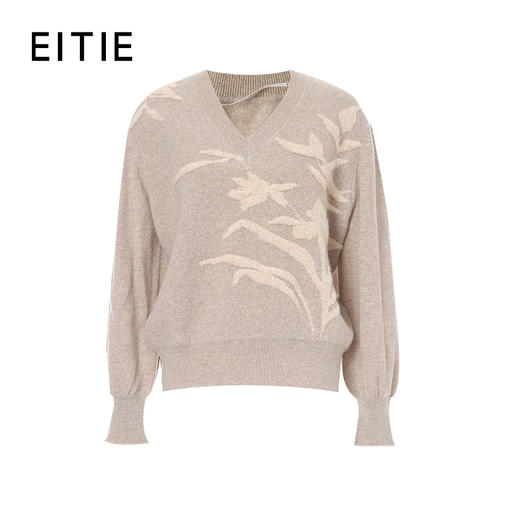 EITIE爱特爱V 领套头长袖撞色花朵提花图案羊毛针织衫8401109 商品图8