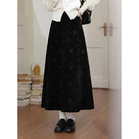 鹿向南「蝶影融雪」高级黑色丝绒半身裙女秋冬新款加厚长款A字裙
