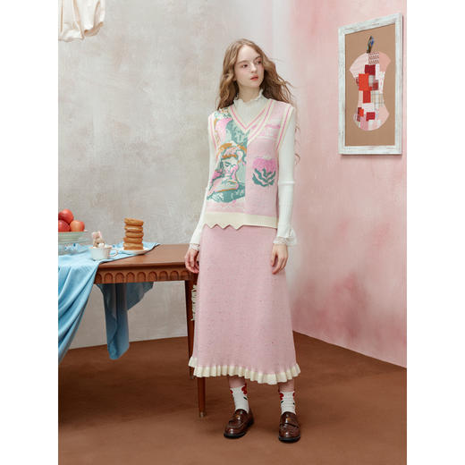 两三事迷迭花园2025冬季新款油画提花不对称针织背心半裙两件套装 商品图1