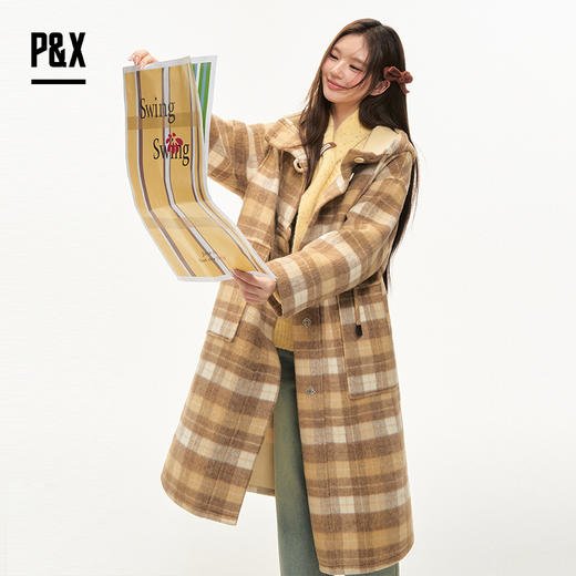 P&X设计师女装2025冬季时尚格子长款毛呢外套格纹 825413238 黄格 商品图1