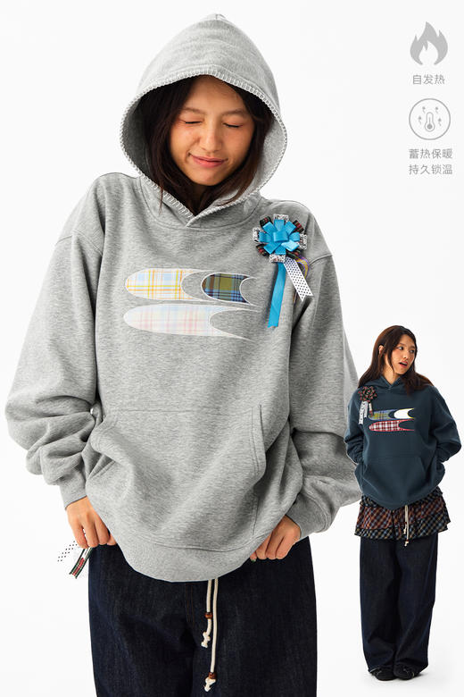 CryingCenter 格纹贴布绣加绒连帽卫衣 配胸花 男女同款 哭喊中心 商品图5