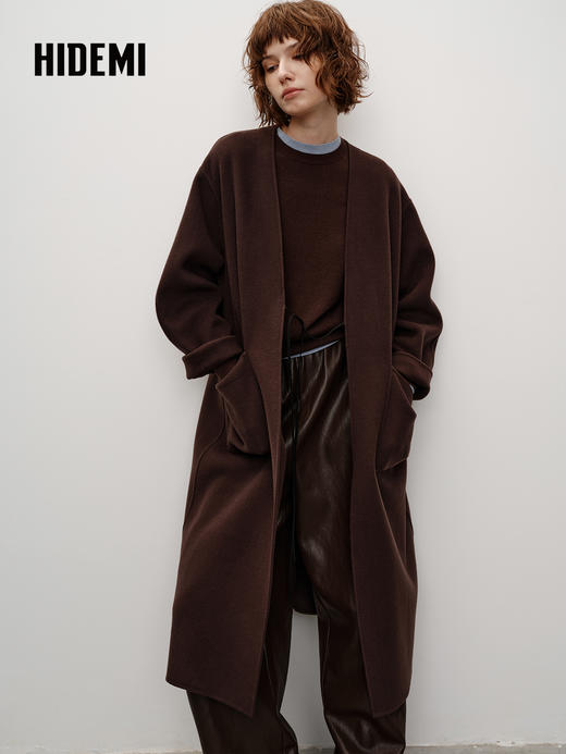 HIDEMI 进口山羊绒v领廓形系带长款浴袍大衣毛呢外套 炭灰色 商品图3