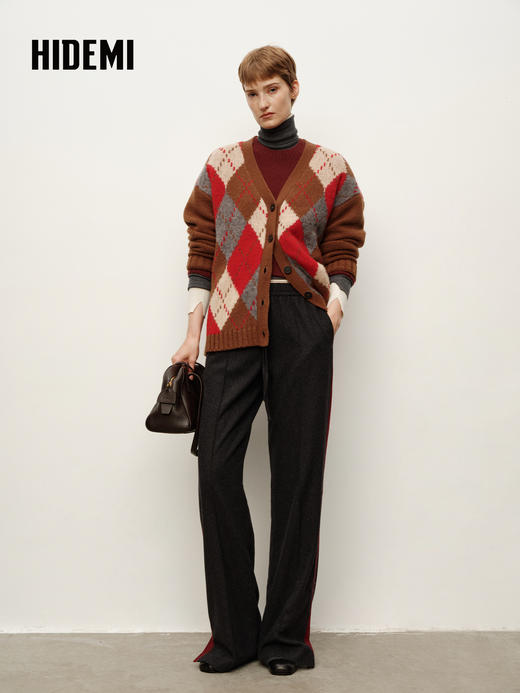 HIDEMI 进口澳洲美利奴羊毛复古菱形撞色粗针加厚开衫毛衣 棕红拼色 商品图2