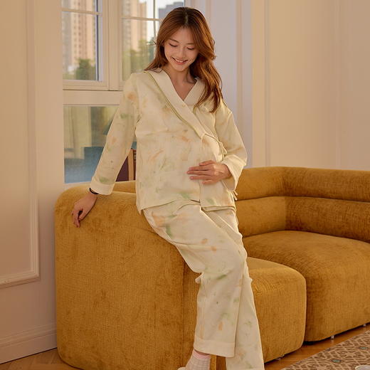 自然醒鸢尾牛奶丝系带月子服（带胸垫）秋冬产后纯棉11 10月份孕妇睡衣春秋季产妇待产哺乳QH 商品图3