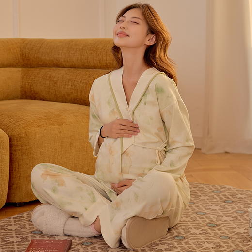 自然醒鸢尾牛奶丝系带月子服（带胸垫）秋冬产后纯棉11 10月份孕妇睡衣春秋季产妇待产哺乳QH 商品图9