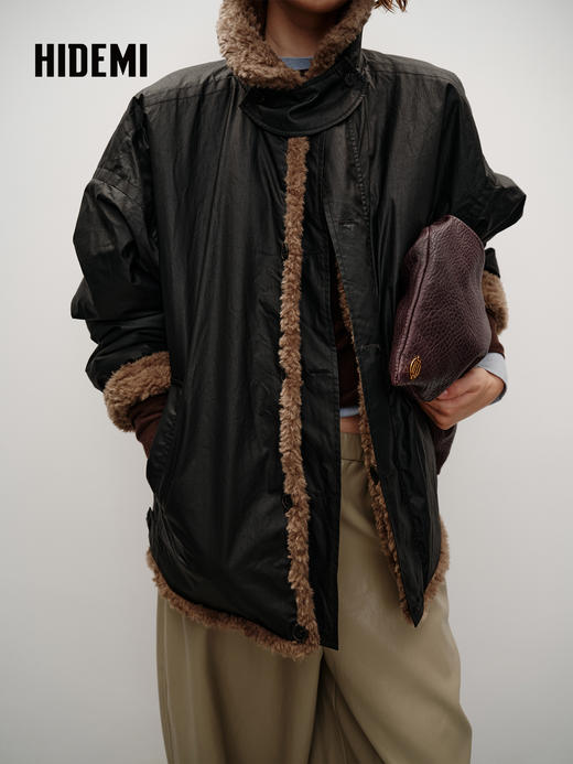 HIDEMI 双面两穿立领圈圈绒拼接复古做旧感加厚毛毛大衣外套 炭灰咖色 商品图10