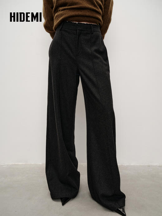 HIDEMI  大秀款进口羊毛手工毛边腰头设计感阔腿 厚款西裤长裤 深灰色 商品图0