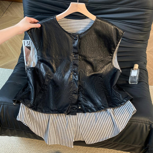 GYH 9373独特别致皮马甲宽松拼接假两件马夹无袖坎肩外套 商品图0