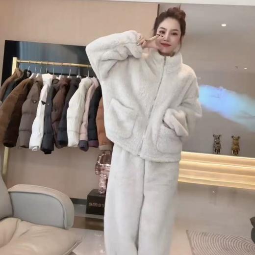 【超保暖！抗寒锁温】新款暖绒拉链套装双面加绒加厚立领舒棉绒保暖睡衣家居服大码。rc 商品图3