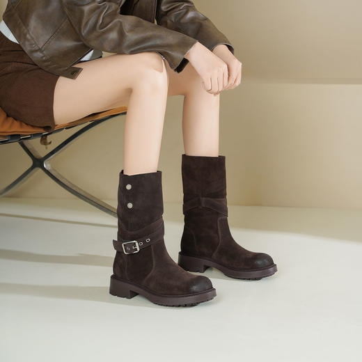 Westory2025年冬季牛绒擦色复古低跟靴筒可翻折两穿休闲甜酷一脚蹬短靴S25DS86231 商品图5