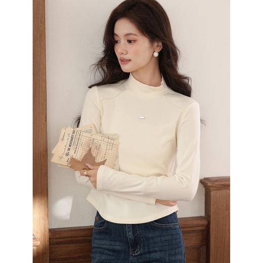 鹿向南「月光流萤」米白色半高领T恤打底衫女秋修身显瘦内搭上衣L58877 商品图3