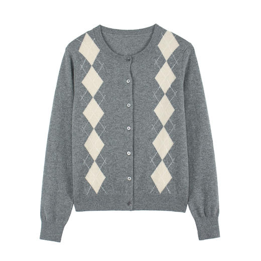 衣尚 圆领菱形格嵌花长袖开衫EWF101047C 商品图1