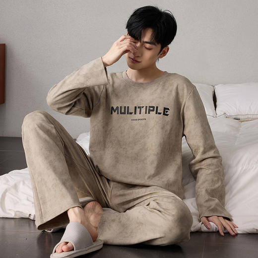 自然醒简叙男士家居服牛奶丝长袖长裤套头睡衣QH 商品图9