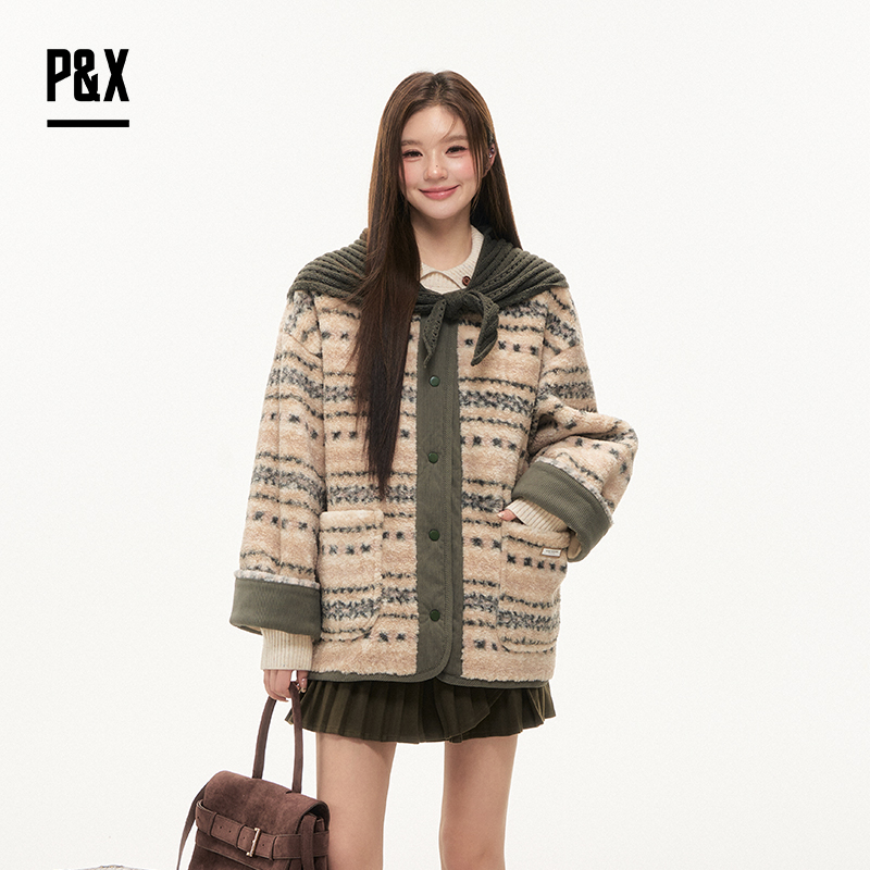 P&X设计师女装2025冬季拼接复古假两件短款外套825413237 花色