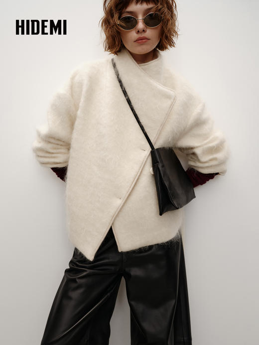 HIDEMI 进口马海毛长毛不对称领可拆卸腰带廓形大衣外套 自然白 商品图0