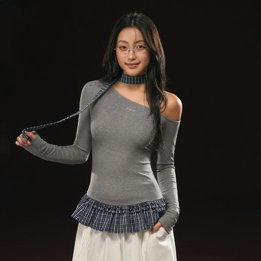 Ariseism 美式复古斜肩长袖T恤女秋季新款修身上衣 商品图0