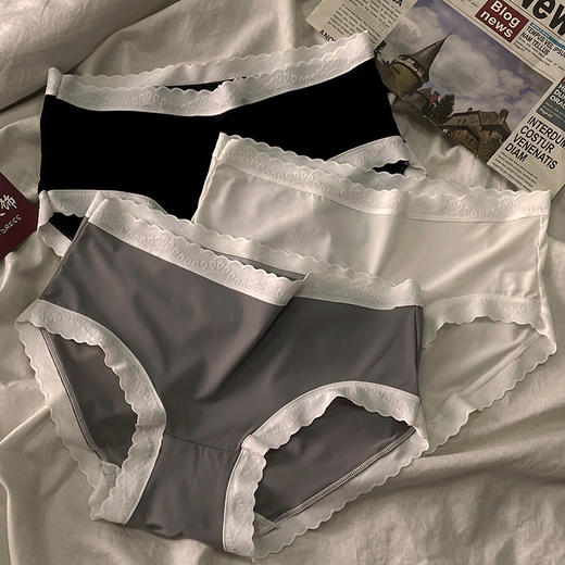【超值7条装】新款女士黑白灰简约冰丝中腰内裤印花蕾丝边少女纯棉裆部三角裤 商品图0
