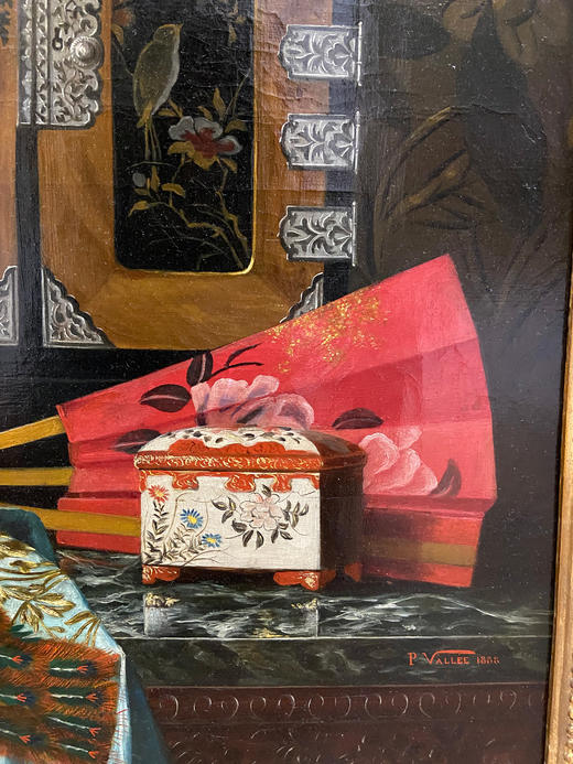 独角鹿西洋古董1888年法国画家Pauline Vallée签名创作东方主义风格静物油画作品《中国风与日本主义的构图》 商品图2