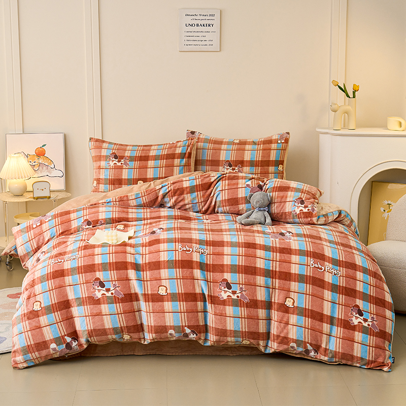 多喜爱 暖暖绒保暖四件套 卡皮宝宝/焦糖小狗/森林派对/星际漫游/樱桃小狗hl【高克重暖绒】【6.8度升温】【双面加厚】萌趣卡通 防静电 三款可选 拉链设计